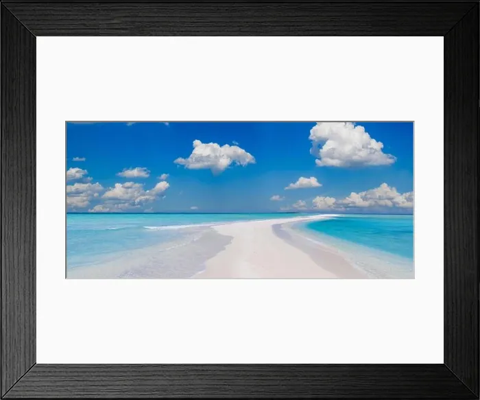 Framed Print : Beautiful tropical island beach on background blue sky with white clouds and turquoise ocean sunny day. Perfect tranquil natural sandbank landscape Framed Print : Beautiful tropical island beach on background blue sky with white clouds and turquoise ocean sunny day. Perfect tranquil natural sandbank landscape