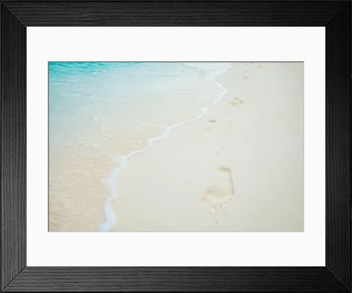 Framed Print : Footprints in the sand near the sea. Beach, wave and footprints at sunset time, dream beach landscape, waves Framed Print : Footprints in the sand near the sea. Beach, wave and footprints at sunset time, dream beach landscape, waves