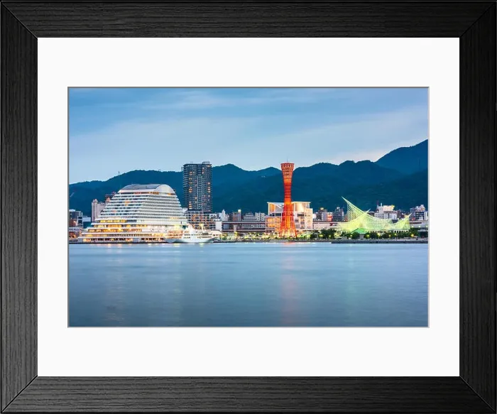 Framed Print : Kobe, Japan port skyline on the Seto Inland Sea at dusk Framed Print : Kobe, Japan port skyline on the Seto Inland Sea at dusk