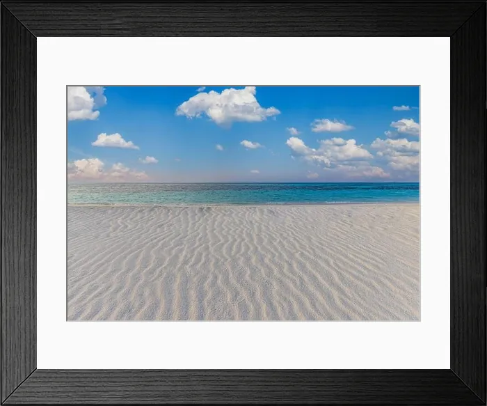 Framed Print : Tranquil beach landscape. Tropical island paradise, shore coast, seaside with cloudy blue sky and soft white sand with ripples. Calm relaxing sea Framed Print : Tranquil beach landscape. Tropical island paradise, shore coast, seaside with cloudy blue sky and soft white sand with ripples. Calm relaxing sea