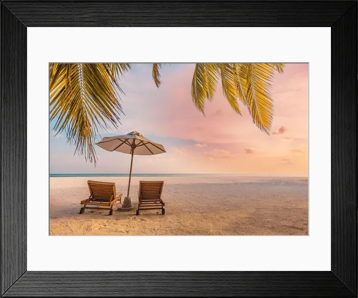Framed Print : Beautiful tropical island, couple chairs umbrella under palm tree leaves, paradise sea sand sky. Summer travel landscape amazing vacation beach Framed Print : Beautiful tropical island, couple chairs umbrella under palm tree leaves, paradise sea sand sky. Summer travel landscape amazing vacation beach