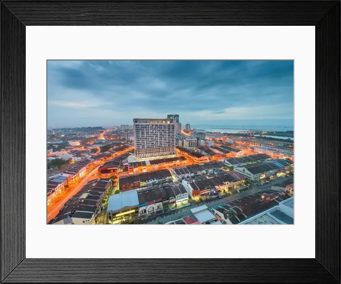 Framed Print : Melaka, Malaysia city skyline from above at dusk Framed Print : Melaka, Malaysia city skyline from above at dusk