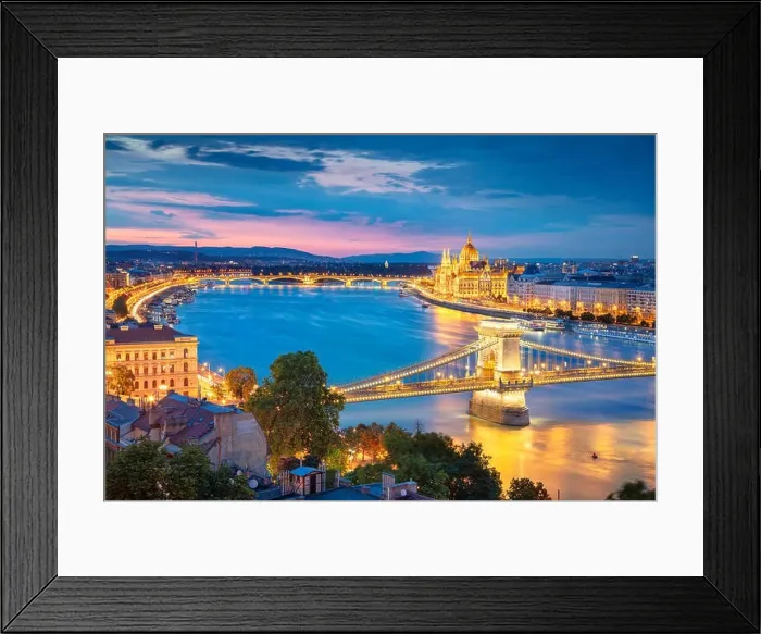 Framed Print : Budapest, Hungary. Aerial cityscape image of Budapest with Chain Bridge and parliament building during summer sunset