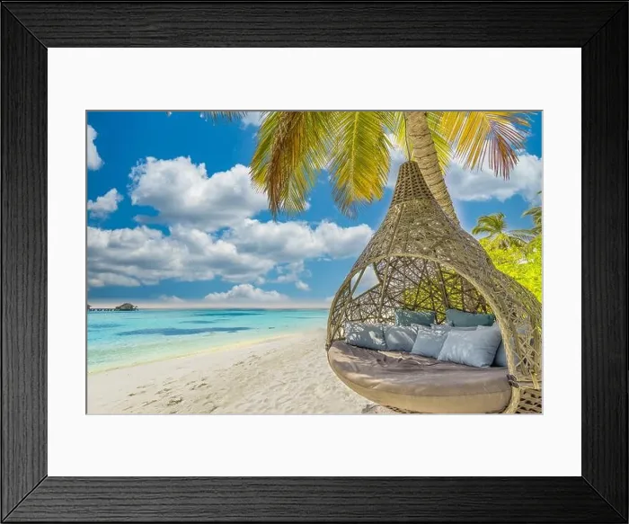 Framed Print : Tropical island beach as summer landscape with beach swing or hammock. Happy idyllic blue sky, sand palm tree leaves calm sea beach. Couple romance Framed Print : Tropical island beach as summer landscape with beach swing or hammock. Happy idyllic blue sky, sand palm tree leaves calm sea beach. Couple romance