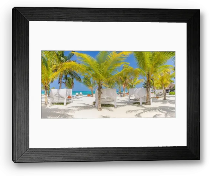 Framed Print : Tropical resort panorama with beach bar. Summer beach holiday vacation destination, luxurious beachfront resort canopy tents under palm trees panorama Framed Print : Tropical resort panorama with beach bar. Summer beach holiday vacation destination, luxurious beachfront resort canopy tents under palm trees panorama