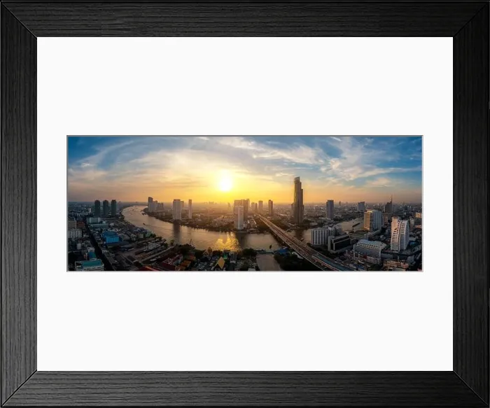 Framed Print : Panorama of Bangkok business district skyline and office skyscraper with Chao Phraya River during sunset in Bangkok, Thailand. THailand tourism, moder Framed Print : Panorama of Bangkok business district skyline and office skyscraper with Chao Phraya River during sunset in Bangkok, Thailand. THailand tourism, moder