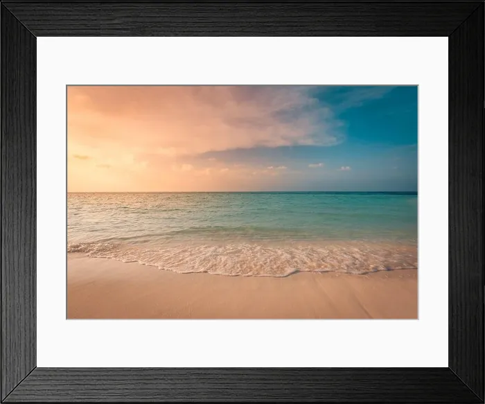 Framed Print : Dream sunset calm sea shore. Seaside of tropical beach landscape, exotic ocean horizon, relax inspirational, motivational nature scenic with colorful