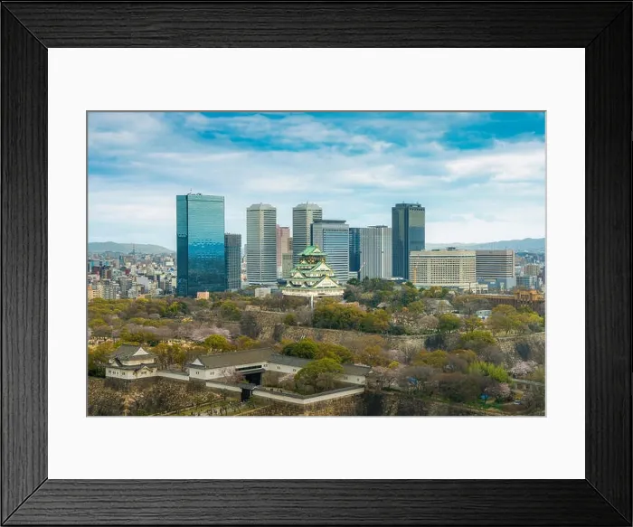Framed Print : Osaka Castle with Osaka business park financial district in Osaka city, Japan Framed Print : Osaka Castle with Osaka business park financial district in Osaka city, Japan