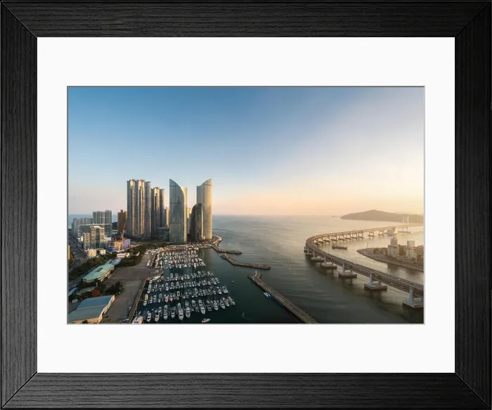 Framed Print : Busan city skyline view at Haeundae district, Gwangalli Beach with yacht pier at Busan, South Korea Framed Print : Busan city skyline view at Haeundae district, Gwangalli Beach with yacht pier at Busan, South Korea