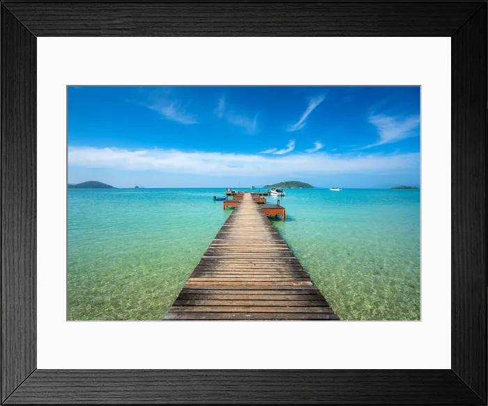 Framed Print : Wooden boat pier in sea and hut with clear day sky in Koh Mak at Trat, Thailand. Summer, Travel, Vacation and Holiday. Relax and traveling at sea conc Framed Print : Wooden boat pier in sea and hut with clear day sky in Koh Mak at Trat, Thailand. Summer, Travel, Vacation and Holiday. Relax and traveling at sea conc
