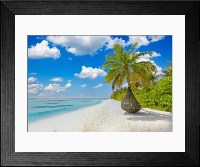 Framed Print : Tropical island beach as summer landscape with beach swing or hammock. Happy idyllic blue sky, sand palm tree leaves calm sea beach. Couple romance Framed Print : Tropical island beach as summer landscape with beach swing or hammock. Happy idyllic blue sky, sand palm tree leaves calm sea beach. Couple romance