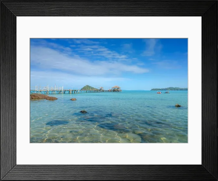 Framed Print : Wooden pier with boat in Phuket, Thailand. Summer, Travel, Vacation and Holiday concept Framed Print : Wooden pier with boat in Phuket, Thailand. Summer, Travel, Vacation and Holiday concept