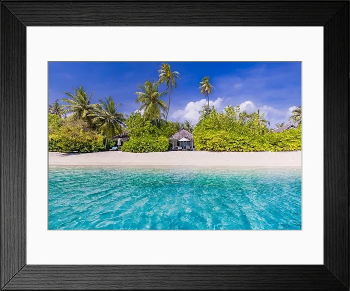 Framed Print : Tropical beach background as summer landscape with white sand and coco palm trees close to calm sea for beach banner. Perfect beach scene vacation Framed Print : Tropical beach background as summer landscape with white sand and coco palm trees close to calm sea for beach banner. Perfect beach scene vacation
