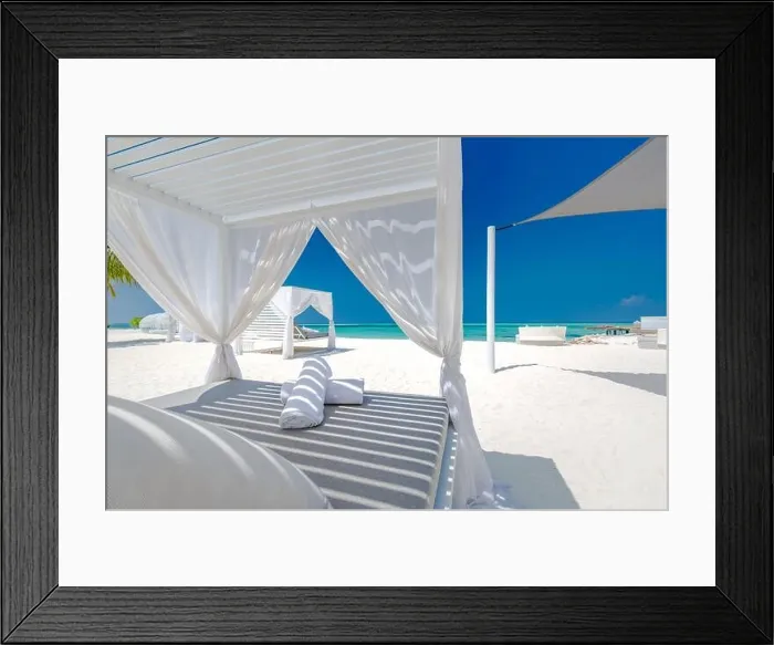 Framed Print : Amazing tropical beach scene with white canopy and curtain for luxury summer relaxation concept. Blue sky with white sand for sunny beach landscape Framed Print : Amazing tropical beach scene with white canopy and curtain for luxury summer relaxation concept. Blue sky with white sand for sunny beach landscape
