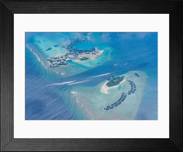 Framed Print : Amazing atoll and island in Maldives from aerial view. Tranquil tropical landscape and seascape with palm trees on white sandy beach, peaceful nature Framed Print : Amazing atoll and island in Maldives from aerial view. Tranquil tropical landscape and seascape with palm trees on white sandy beach, peaceful nature