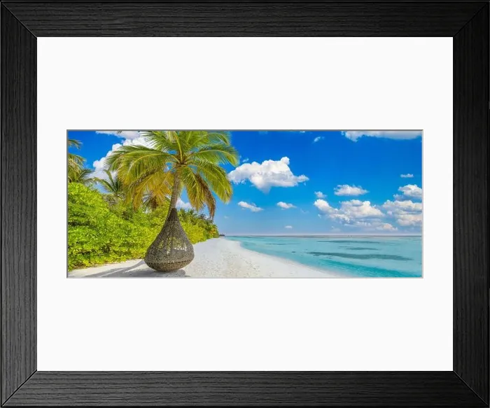 Framed Print : Tropical beach panoramic paradise. Summer island landscape, swing or hammock on palm tree. Sea sand sky as serene beach. Luxury beach scenic vacation Framed Print : Tropical beach panoramic paradise. Summer island landscape, swing or hammock on palm tree. Sea sand sky as serene beach. Luxury beach scenic vacation