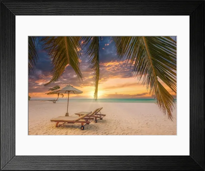 Framed Print : Amazing vacation beach. Couple chairs on sandy beach seashore. Summer romantic holiday concept for tourism. Tropical island landscape. Tranquil shore Framed Print : Amazing vacation beach. Couple chairs on sandy beach seashore. Summer romantic holiday concept for tourism. Tropical island landscape. Tranquil shore