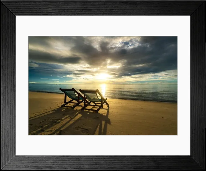 Framed Print : Two deckchairs on the beach at sunset with a tropical sea background. Travel and Vacation in Summer at sea