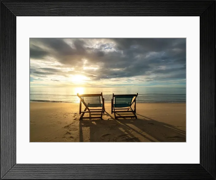 Framed Print : Two deckchairs on the beach at sunset with a tropical sea background. Travel and Vacation in Summer at sea Framed Print : Two deckchairs on the beach at sunset with a tropical sea background. Travel and Vacation in Summer at sea