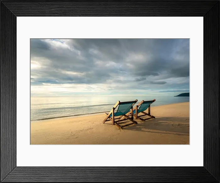 Framed Print : Two deckchairs on the beach at sunset with a tropical sea background. Travel and Vacation in Summer at sea Framed Print : Two deckchairs on the beach at sunset with a tropical sea background. Travel and Vacation in Summer at sea
