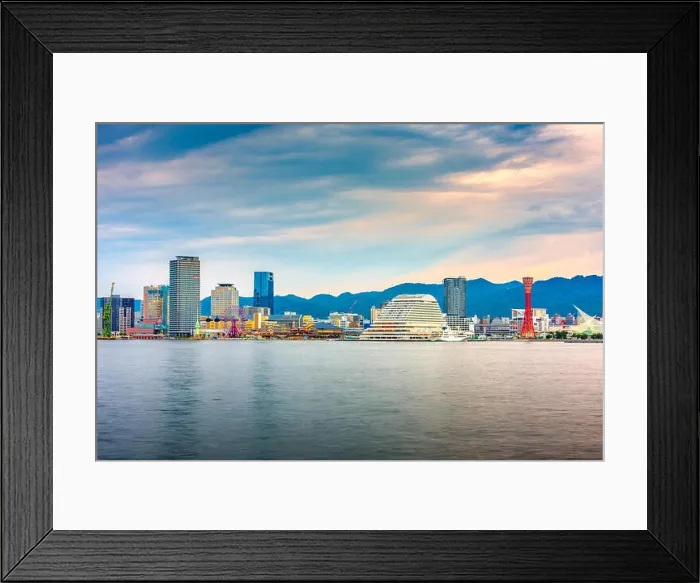 Framed Print : Kobe, Japan port skyline on the Seto Inland Sea at dusk Framed Print : Kobe, Japan port skyline on the Seto Inland Sea at dusk