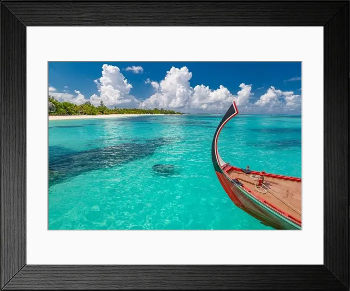 Framed Print : Inspirational Maldives beach design. Maldives traditional boat Dhoni and perfect blue sea with lagoon. Luxury tropical paradise beach exotic landscape Framed Print : Inspirational Maldives beach design. Maldives traditional boat Dhoni and perfect blue sea with lagoon. Luxury tropical paradise beach exotic landscape