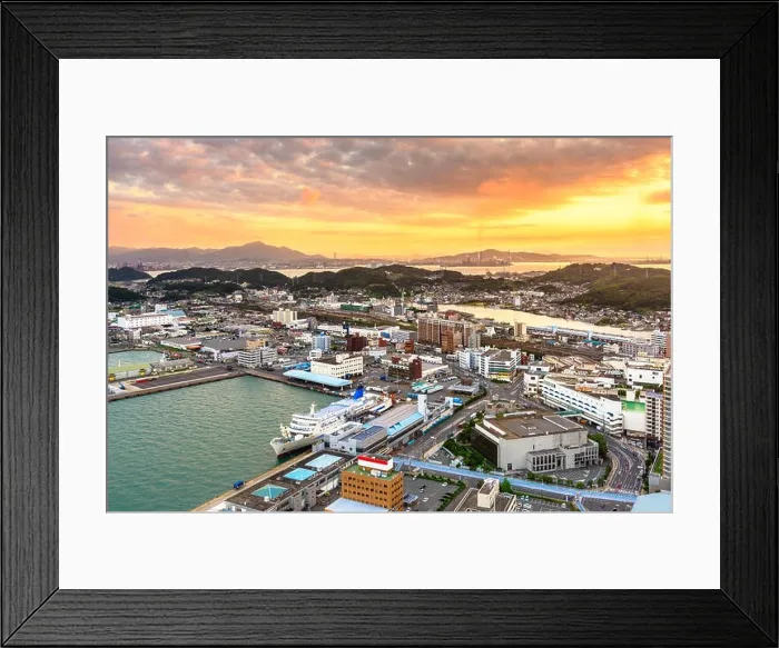 Framed Print : Shimonoseki, Japan skyline over the Kanmon Straits Framed Print : Shimonoseki, Japan skyline over the Kanmon Straits