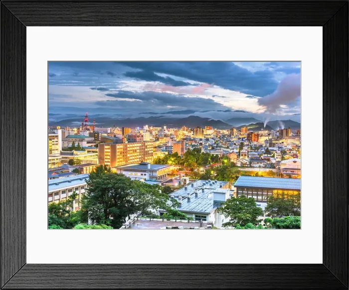 Framed Print : Tottori, Japan town skyline at dusk Framed Print : Tottori, Japan town skyline at dusk