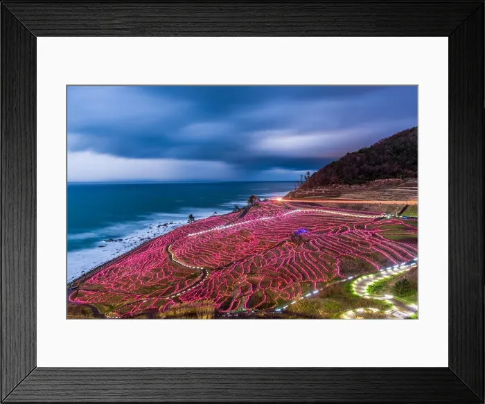 Framed Print : Wajima, Japan at Shiroyone Senmaida rice terraces during a winter light up Framed Print : Wajima, Japan at Shiroyone Senmaida rice terraces during a winter light up
