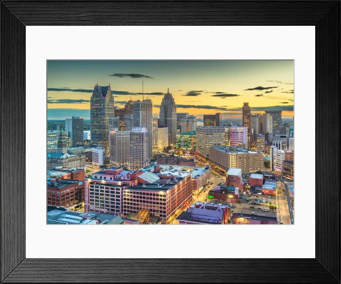 Framed Print : Detroit, Michigan, USA downtown skyline from above at dusk