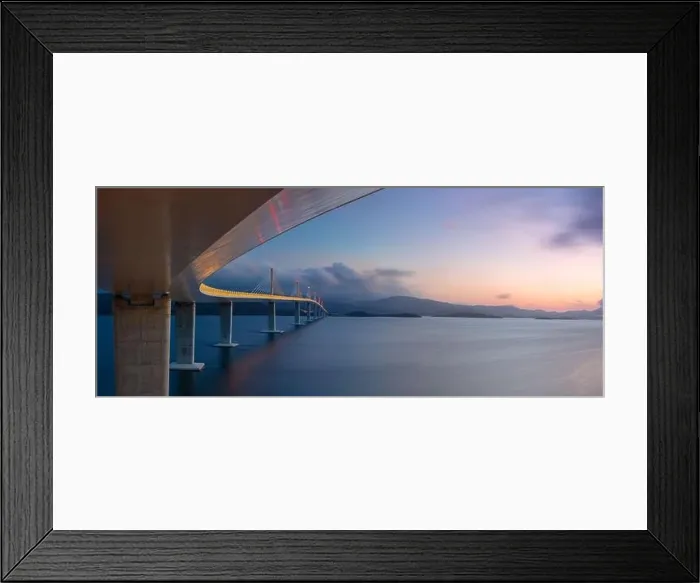 Framed Print : Peljesac Bridge, Croatia. Panoramic image of beautiful modern multi-span cable-stayed Peljesac Bridge over the sea in Dubrovnik-Neretva, Croatia