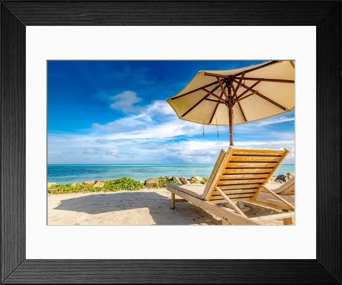 Framed Print : Beautiful beach. Chairs on the sandy beach near the sea. Summer holiday and vacation concept. Tropical beach landscape. Exotic vacation and summer Framed Print : Beautiful beach. Chairs on the sandy beach near the sea. Summer holiday and vacation concept. Tropical beach landscape. Exotic vacation and summer