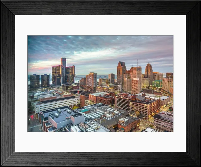 Framed Print : Detroit, Michigan, USA downtown skyline from above at dusk Framed Print : Detroit, Michigan, USA downtown skyline from above at dusk