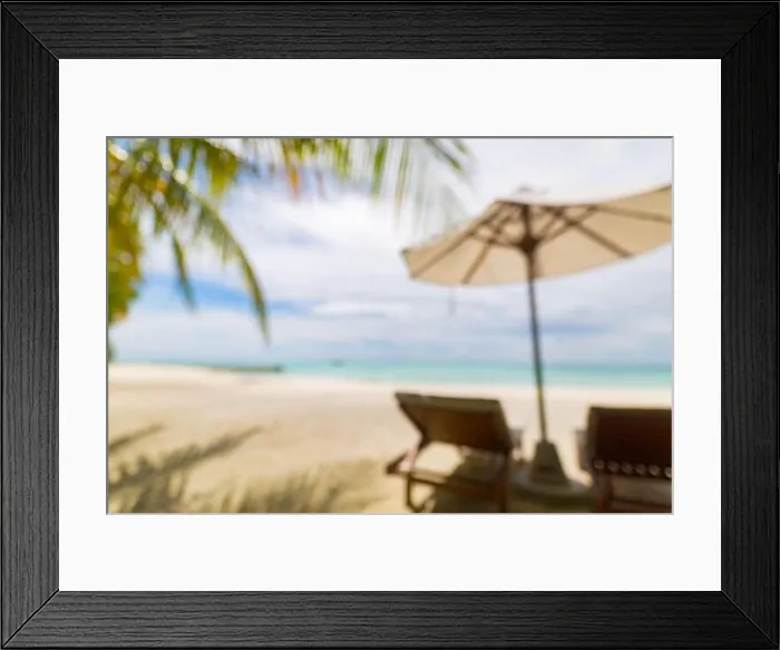 Framed Print : Summer exotic sandy beach with blur palms and sea on background. Dream vacation background with palm leaves and sea view. Summer paradise island beach
