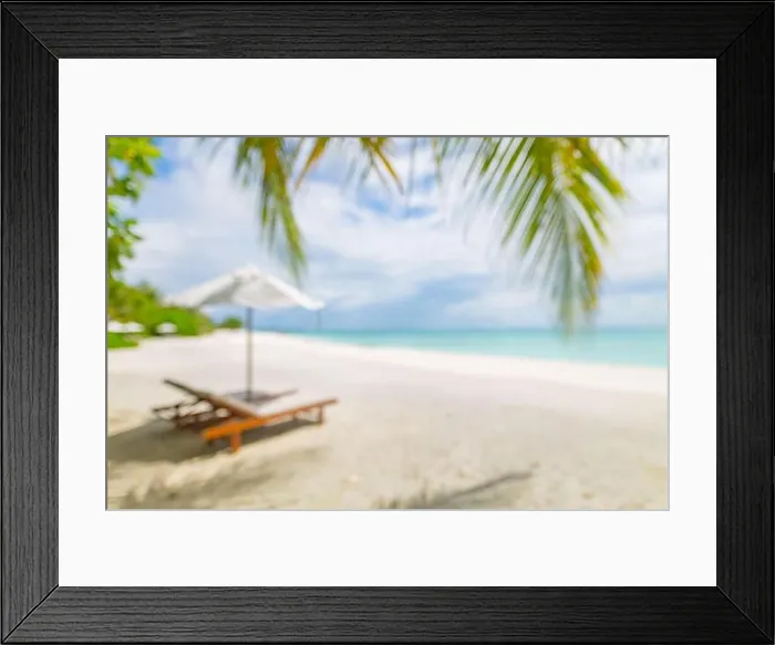 Framed Print : Summer exotic sandy beach with blur palms and sea on background. Dream vacation background with palm leaves and sea view. Summer paradise island beach Framed Print : Summer exotic sandy beach with blur palms and sea on background. Dream vacation background with palm leaves and sea view. Summer paradise island beach