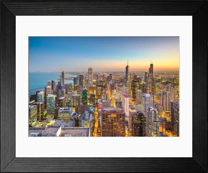 Framed Print : Chicago, Illinois USA aerial skyline towards Lake Michigan just after sunset Framed Print : Chicago, Illinois USA aerial skyline towards Lake Michigan just after sunset