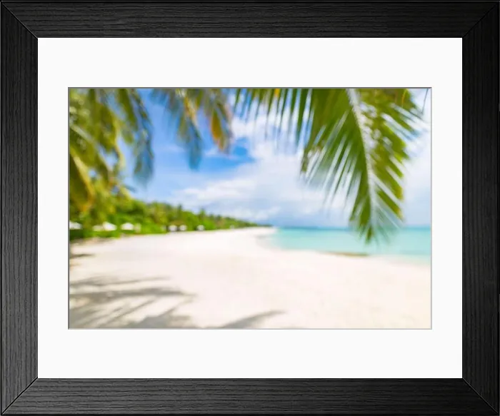 Framed Print : Summer exotic sandy beach with blur palms and sea on background. Dream vacation background with palm leaves and sea view. Summer paradise island beach