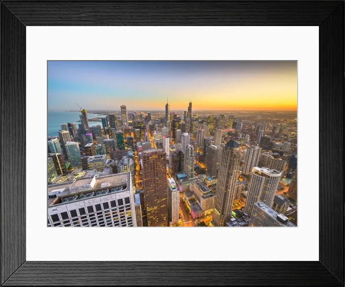 Framed Print : Chicago, Illinois USA aerial skyline towards Lake Michigan just after sunset Framed Print : Chicago, Illinois USA aerial skyline towards Lake Michigan just after sunset