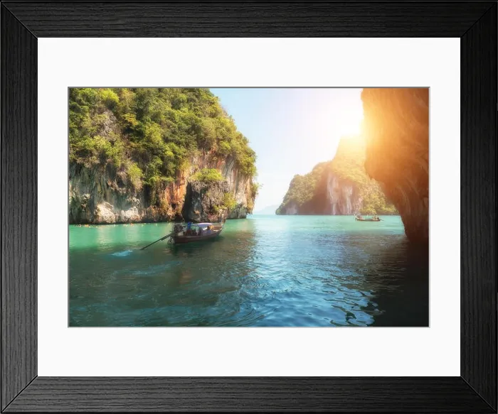 Framed Print : Beautiful landscape of rocks mountain and crystal clear sea with longtail boat at Phuket, Thailand. Summer, Travel, Vacation, Holiday concept Framed Print : Beautiful landscape of rocks mountain and crystal clear sea with longtail boat at Phuket, Thailand. Summer, Travel, Vacation, Holiday concept