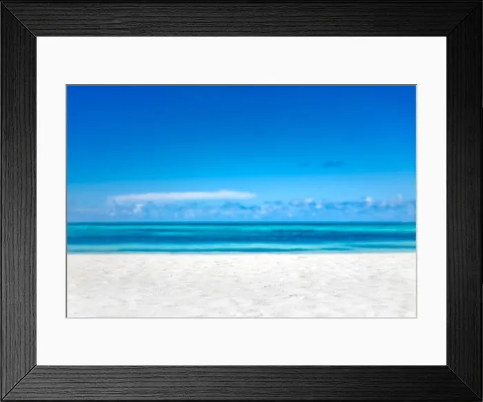 Framed Print : Empty tropical beach background. Horizon with sky and white sand. Paradise island shore or coast Framed Print : Empty tropical beach background. Horizon with sky and white sand. Paradise island shore or coast