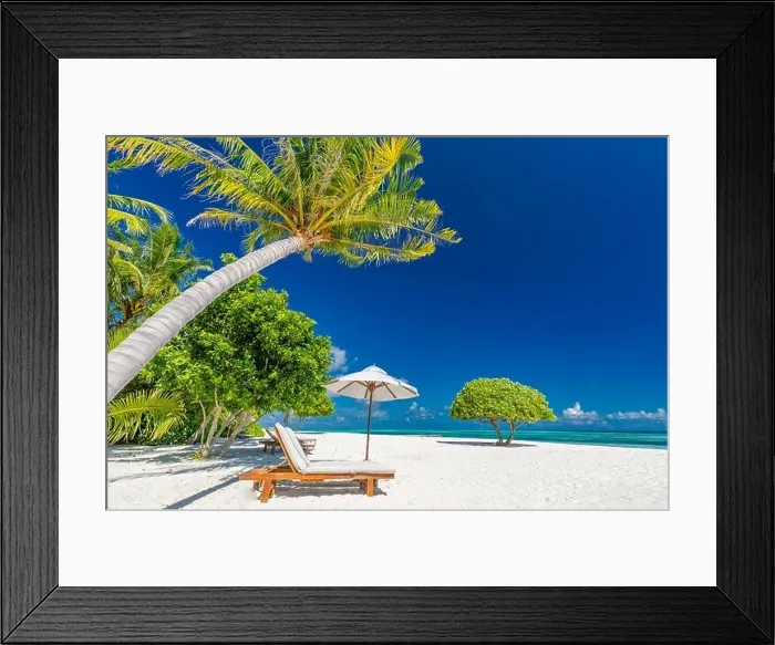 Framed Print : Beautiful beach. Chairs on the sandy beach near the sea. Summer holiday and vacation concept for tourism. Inspirational tropical landscape Framed Print : Beautiful beach. Chairs on the sandy beach near the sea. Summer holiday and vacation concept for tourism. Inspirational tropical landscape