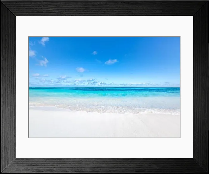 Framed Print : Empty tropical beach with soft waves splashing background. Horizon with sky and white sand. Idyllic beach landscape, island shoreline Framed Print : Empty tropical beach with soft waves splashing background. Horizon with sky and white sand. Idyllic beach landscape, island shoreline