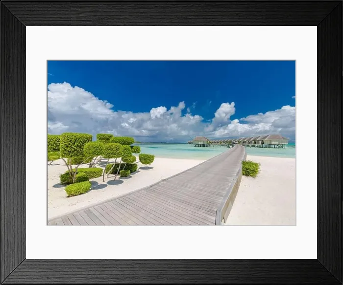 Framed Print : Luxury summer travel landscape in Maldives islands. Exotic beach background. Summer tourist tourism, vacation destination concept Framed Print : Luxury summer travel landscape in Maldives islands. Exotic beach background. Summer tourist tourism, vacation destination concept
