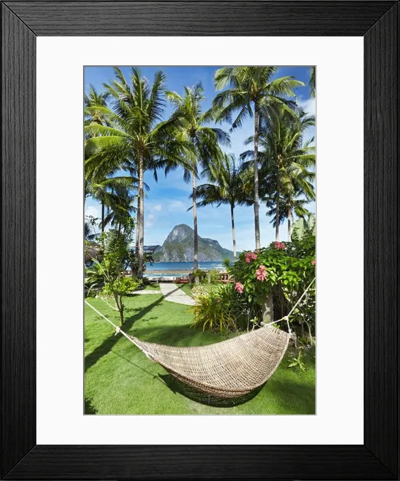 Framed Print : Tropical garden in front of the sea, hammock between a palm trees, El-Nido, Philippines Framed Print : Tropical garden in front of the sea, hammock between a palm trees, El-Nido, Philippines