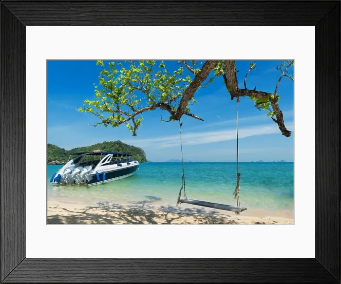 Framed Print : Wooden swing chair hanging on tree near beach at island in Phuket, Thailand. Summer Vacation Travel and Holiday concept Framed Print : Wooden swing chair hanging on tree near beach at island in Phuket, Thailand. Summer Vacation Travel and Holiday concept