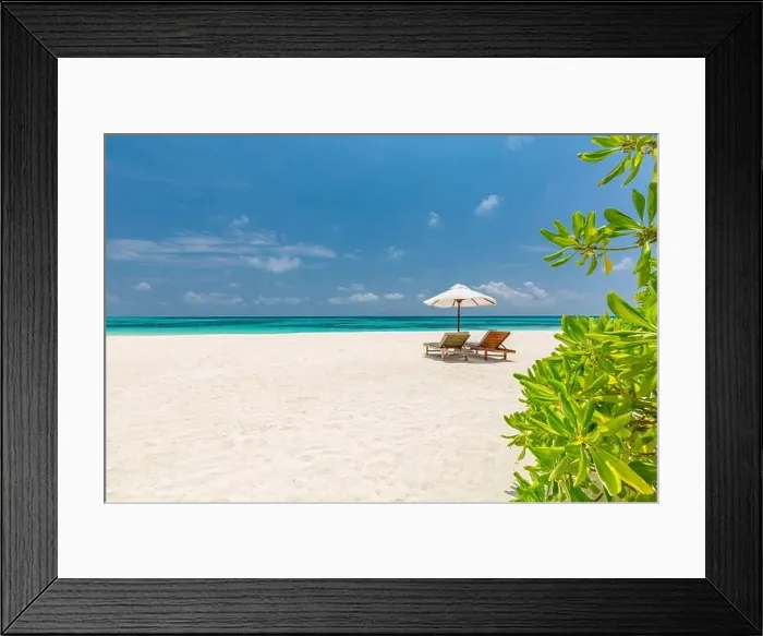 Framed Print : Summer travel destination. Summer vacation holiday concept for couple. Perfect tranquil beach scene, palm trees close to blue sea. Amazing beach