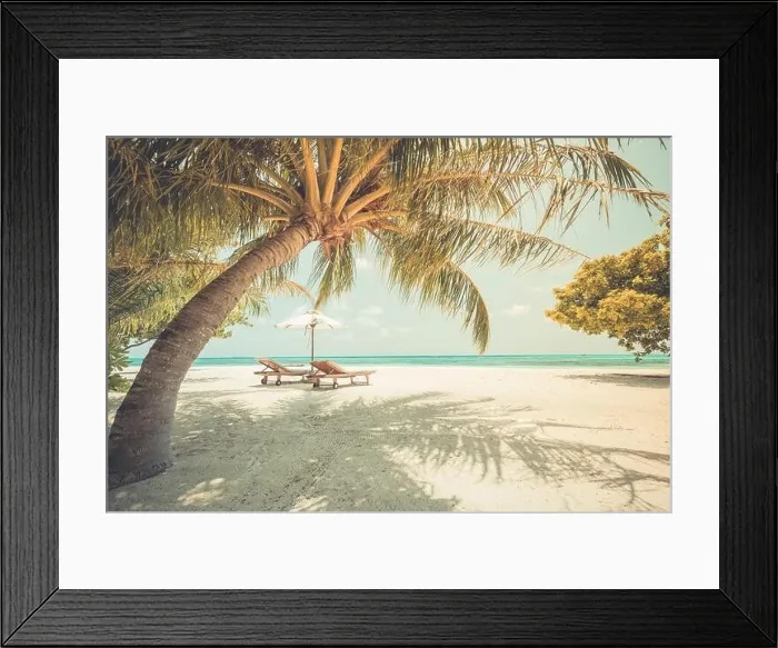 Framed Print : Summer travel destination. Summer vacation holiday concept for couple. Perfect tranquil beach scene, palm trees close to blue sea. Amazing beach Framed Print : Summer travel destination. Summer vacation holiday concept for couple. Perfect tranquil beach scene, palm trees close to blue sea. Amazing beach