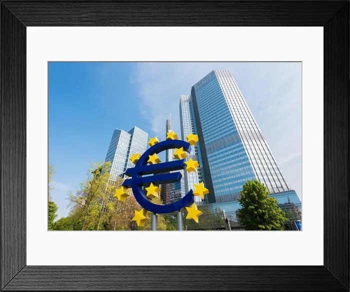 Framed Print : Frankfurt, Germany - May 1, 2016: Euro sign in Frankfurt am Main, Germany. Frankfurt is the largest city in the Germany state of Hesse Framed Print : Frankfurt, Germany - May 1, 2016: Euro sign in Frankfurt am Main, Germany. Frankfurt is the largest city in the Germany state of Hesse