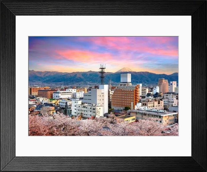 Framed Print : Kofu, Japan city skyline with Mt. Fuji at dusk during spring season Framed Print : Kofu, Japan city skyline with Mt. Fuji at dusk during spring season