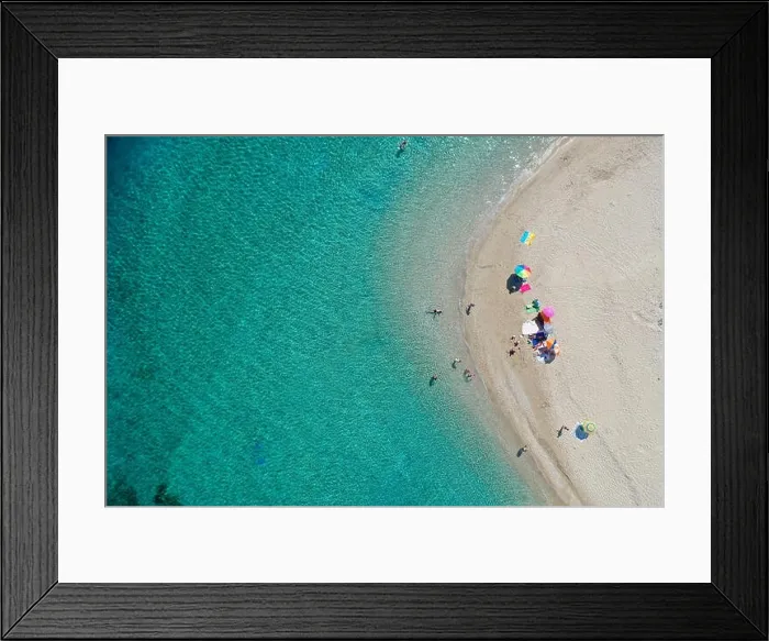 Framed Print : Aerial drone view of iconic small uninhabited island of Marathonisi featuring clear water, sandy shore and natural hatchery of Caretta-Caretta sea tur Framed Print : Aerial drone view of iconic small uninhabited island of Marathonisi featuring clear water, sandy shore and natural hatchery of Caretta-Caretta sea tur